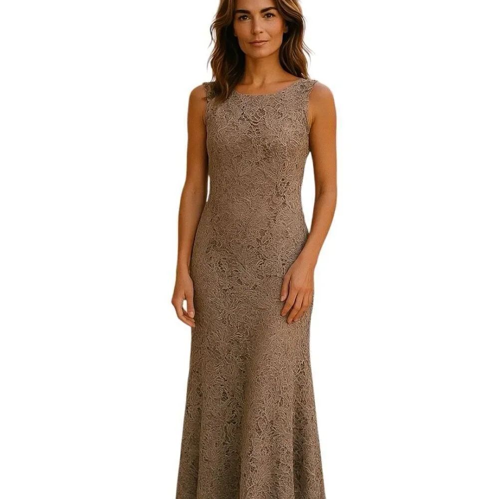 Calvin Klein Size 4 Crochet Lace Overlay Maxi Gown Gray Tan Formal Evening Event